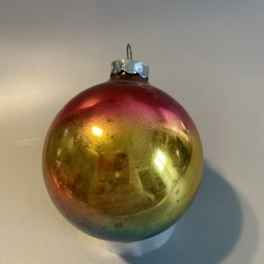 Vintage Christmas Ombre Glass Ornament Hand Made In USA Blue Red Pink Gold Fade